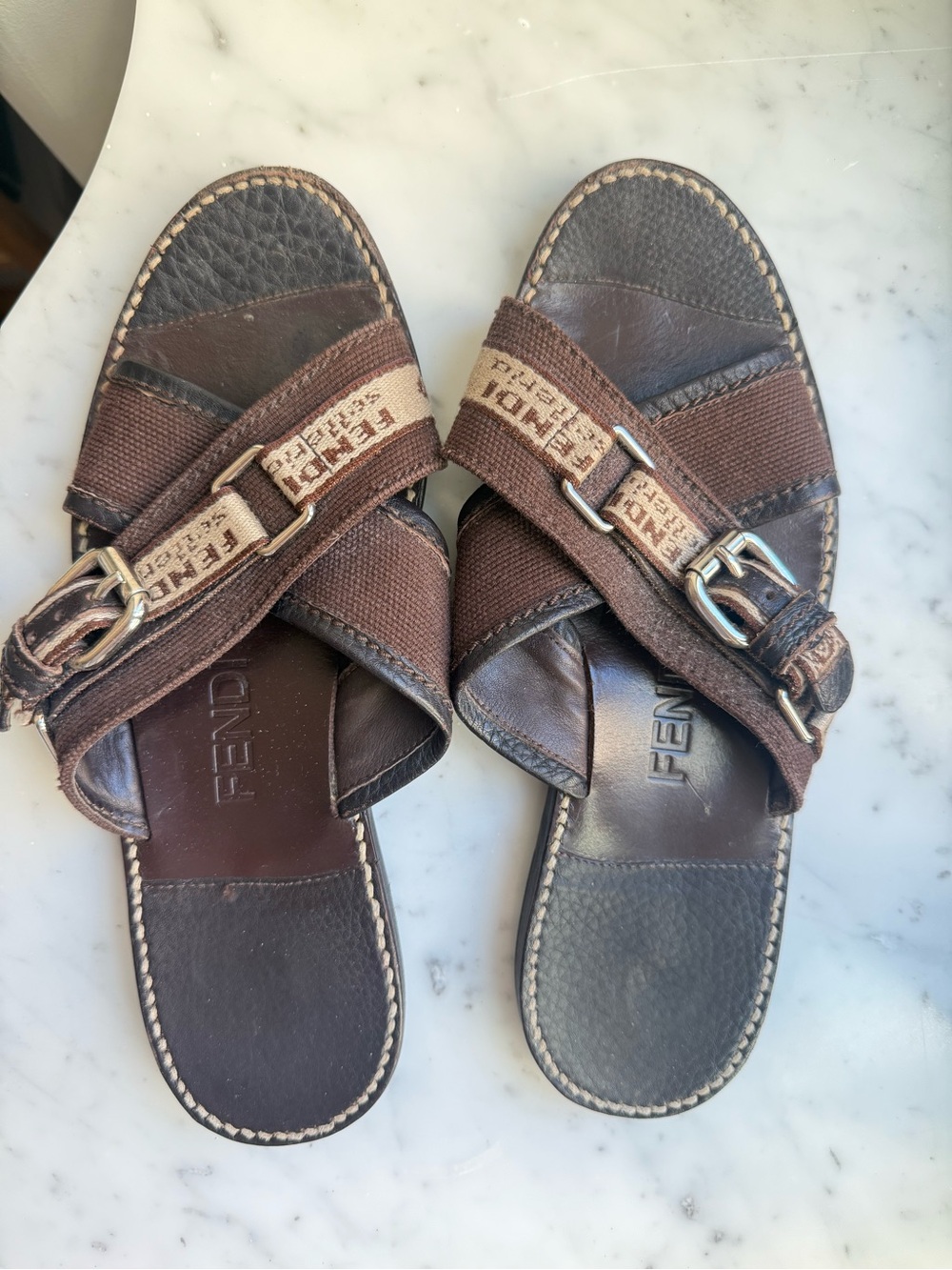 Vintage Fendi Brown Leather & Canvas Logo Slide Sandals